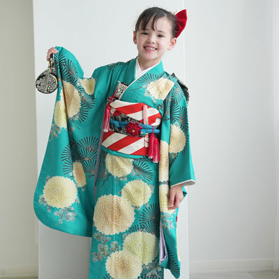 【レンタル】七五三着物 7歳女の子 LOWRYS FARM ローリーズファーム 着物セット 四つ身 絵羽 大菊に松・ターコイズ （1409613200）