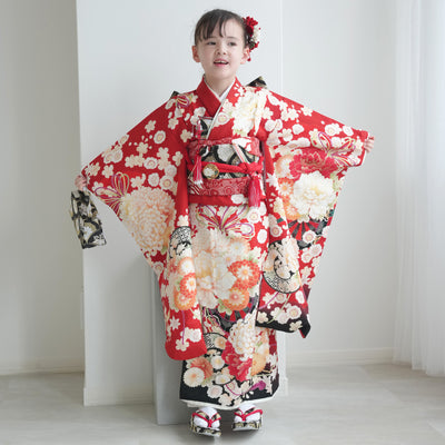 【レンタル】七五三着物 7歳女の子 華徒然 着物セット 四つ身 絵羽 古典花結びに御所車・赤 （1409613300）