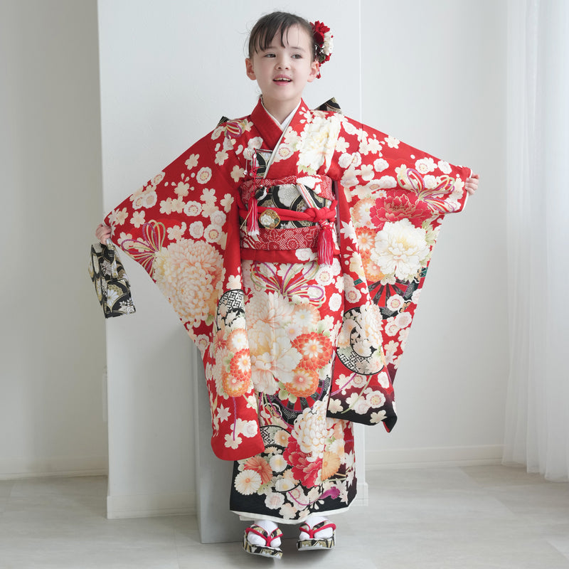 【レンタル】七五三着物 7歳女の子 華徒然 着物セット 四つ身 絵羽 古典花結びに御所車・赤 （1409613300）