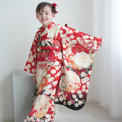 【レンタル】七五三着物 7歳女の子 華徒然 着物セット 四つ身 絵羽 古典花結びに御所車・赤 （1409613300）