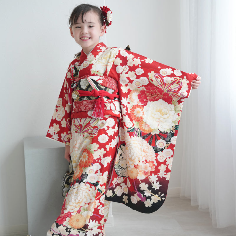 【レンタル】七五三着物 7歳女の子 華徒然 着物セット 四つ身 絵羽 古典花結びに御所車・赤 （1409613300）