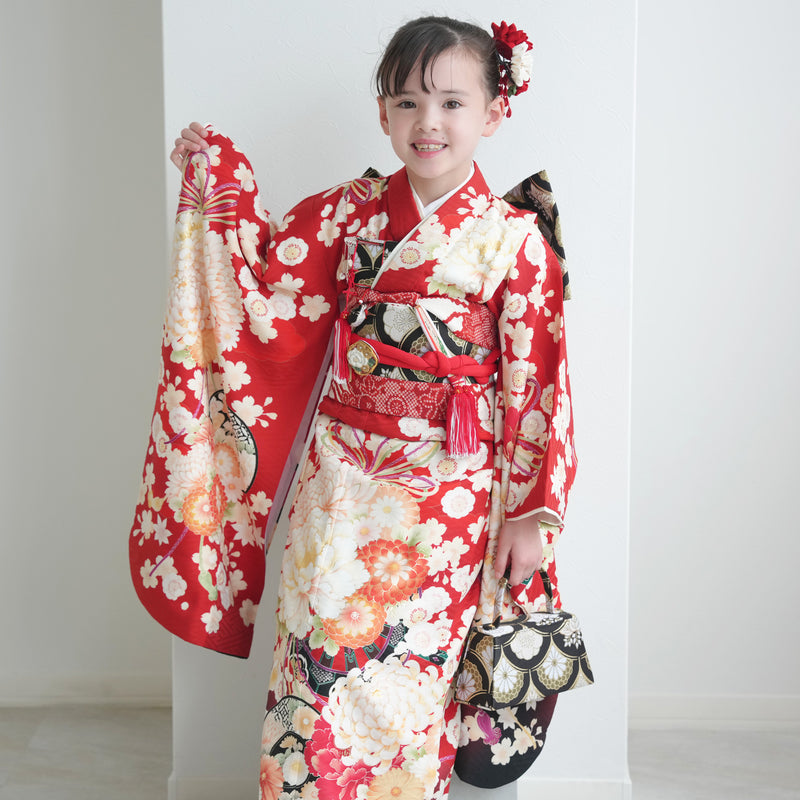 【レンタル】七五三着物 7歳女の子 華徒然 着物セット 四つ身 絵羽 古典花結びに御所車・赤 （1409613300）