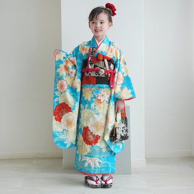 【レンタル】七五三着物 7歳女の子 京舞 着物セット 四つ身 絵羽 色づく八重桜・水色（1409613400）