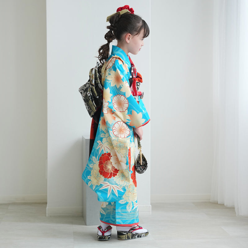 【レンタル】七五三着物 7歳女の子 京舞 着物セット 四つ身 絵羽 色づく八重桜・水色（1409613400）