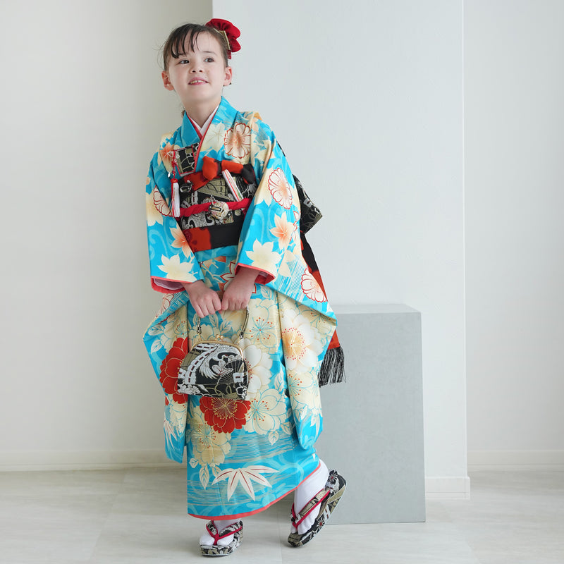 【レンタル】七五三着物 7歳女の子 京舞 着物セット 四つ身 絵羽 色づく八重桜・水色（1409613400）