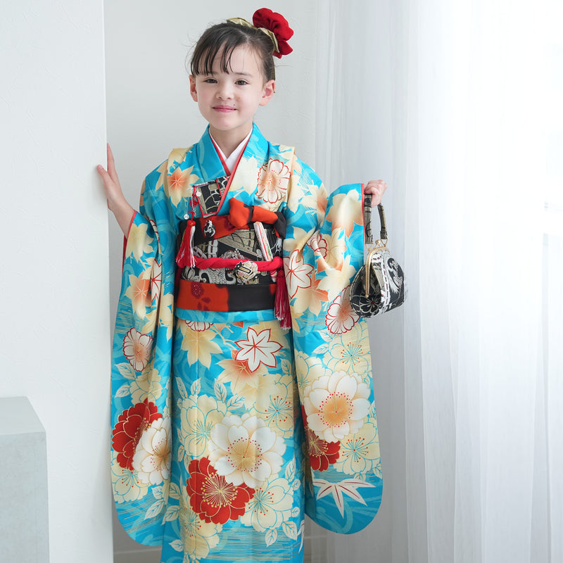 【レンタル】七五三着物 7歳女の子 京舞 着物セット 四つ身 絵羽 色づく八重桜・水色（1409613400）