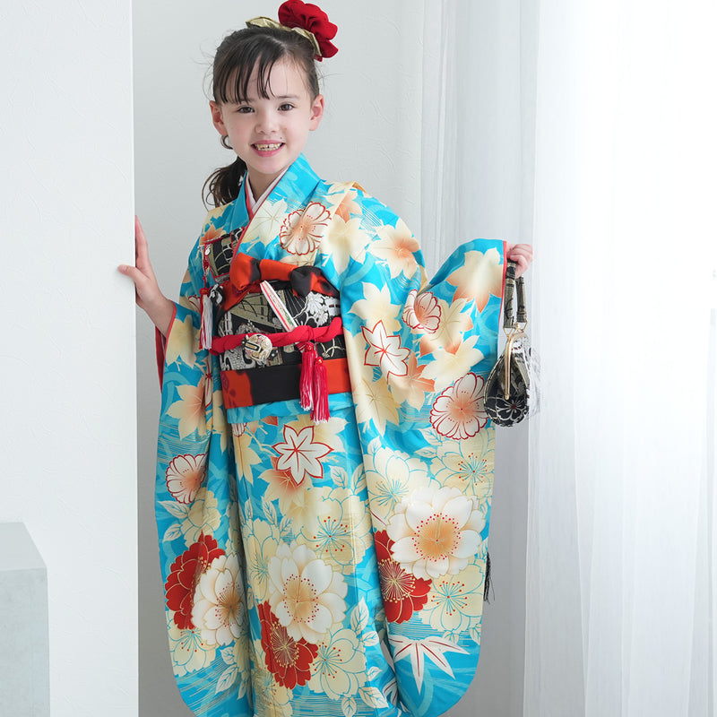 【レンタル】七五三着物 7歳女の子 京舞 着物セット 四つ身 絵羽 色づく八重桜・水色（1409613400）
