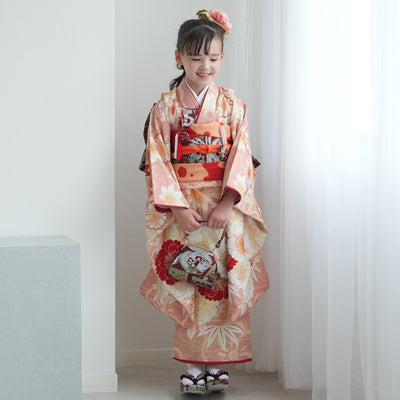 【レンタル】七五三着物 7歳女の子 京舞 着物セット 四つ身 絵羽 色づく八重桜・ピンク（1409613500）