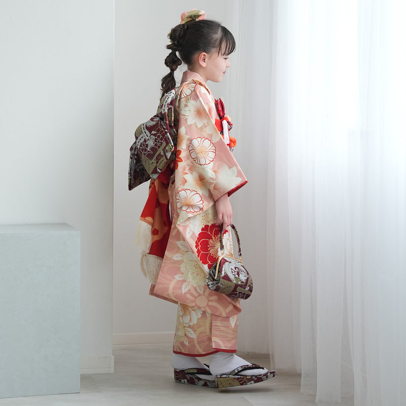 【レンタル】七五三着物 7歳女の子 京舞 着物セット 四つ身 絵羽 色づく八重桜・ピンク（1409613500）