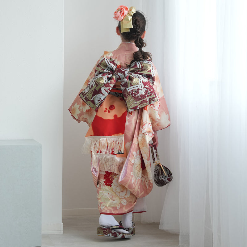 【レンタル】七五三着物 7歳女の子 京舞 着物セット 四つ身 絵羽 色づく八重桜・ピンク（1409613500）