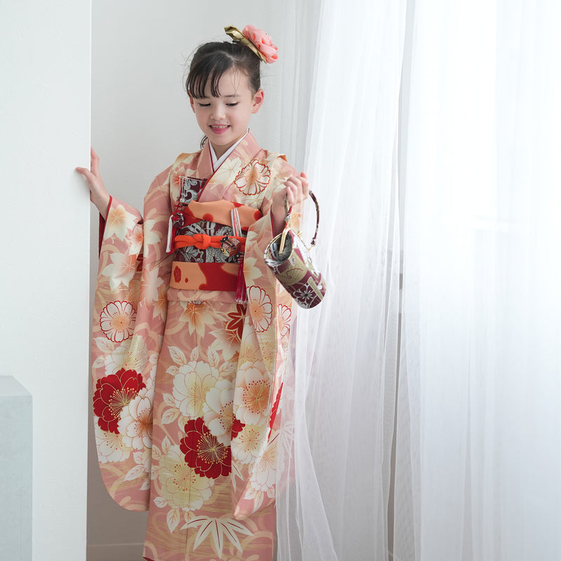 【レンタル】七五三着物 7歳女の子 京舞 着物セット 四つ身 絵羽 色づく八重桜・ピンク（1409613500）