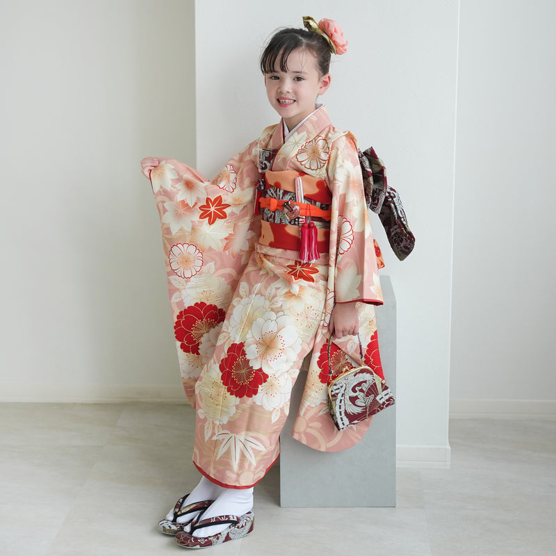 【レンタル】七五三着物 7歳女の子 京舞 着物セット 四つ身 絵羽 色づく八重桜・ピンク（1409613500）
