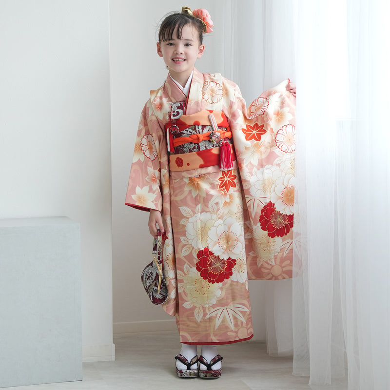 【レンタル】七五三着物 7歳女の子 京舞 着物セット 四つ身 絵羽 色づく八重桜・ピンク（1409613500）