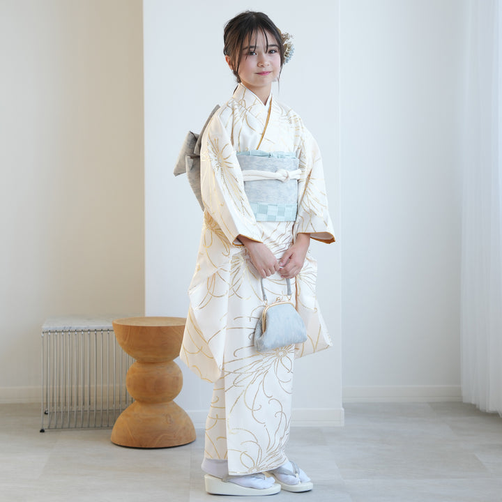 レンタル】10歳 振袖セット クリーム金彩・糸菊 ハーフ成人式