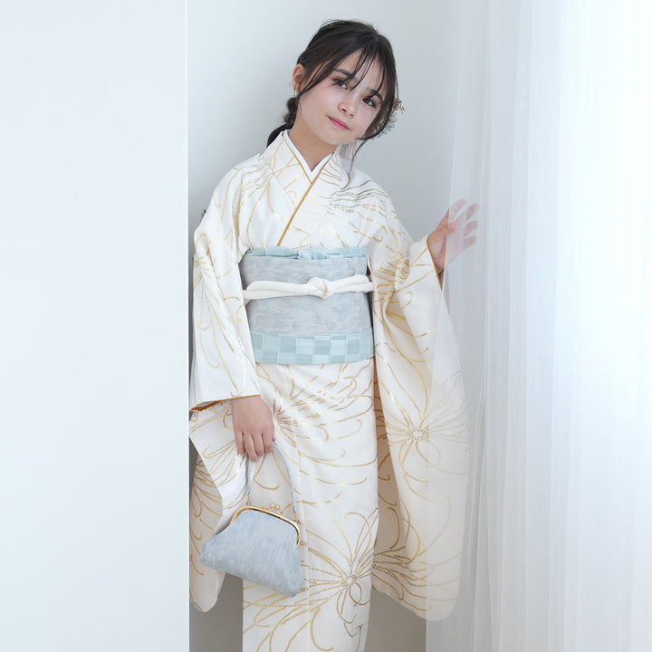 クリーム地の上品な小花の金彩振袖フルセット レンタル】10歳 振袖セット クリーム金彩・糸菊 ハーフ成人式