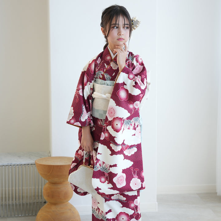 レンタル】10歳 振袖セット 元禄梅模様 えんじ ハーフ成人式