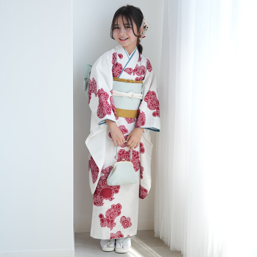 正絹大人用袋帯からの作り帯　着物　二部式　白ピンク系　子供　ハーフ成人式 正絹大人用袋帯からの作り帯 着物 二部式 白ピンク系 子供