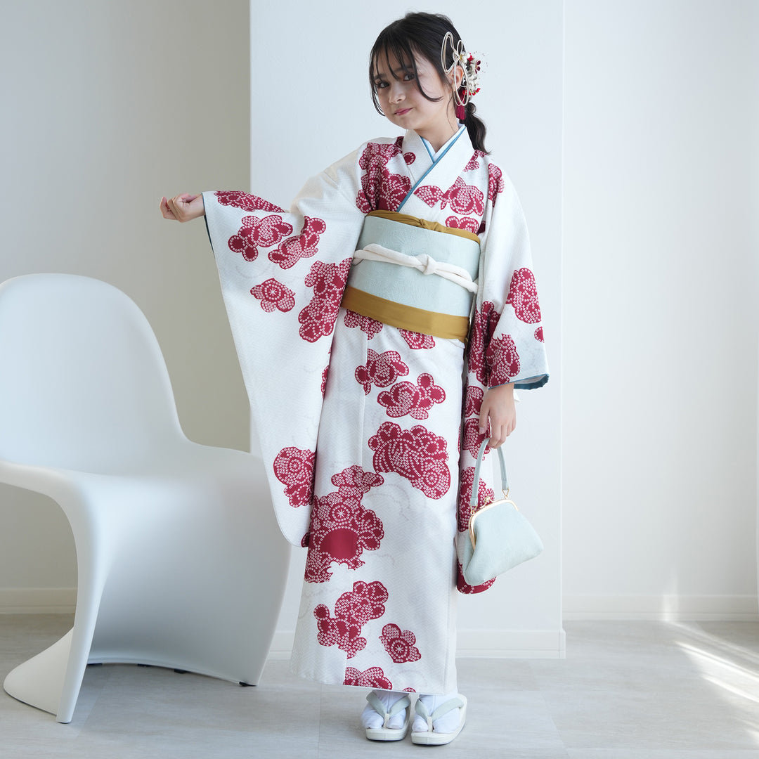 408aj10■ジュニア着物 ハーフ成人式 アンティーク着物&袋帯■美品 レンタル】10歳 振袖セット 白百合色に絞り柄 ハーフ成人式