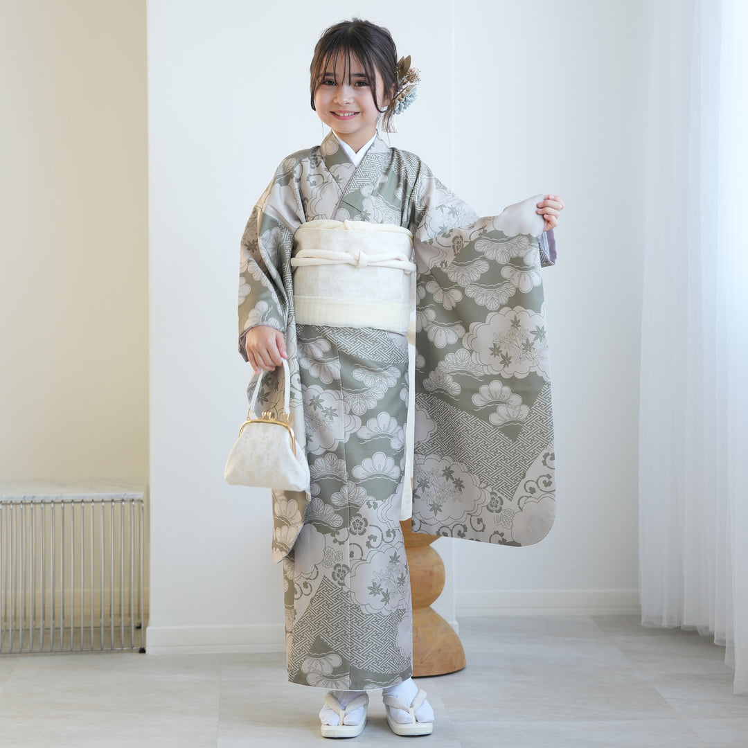 レンタル】10歳 振袖セット モスグリーン松文様 ハーフ成人式 ジュニア