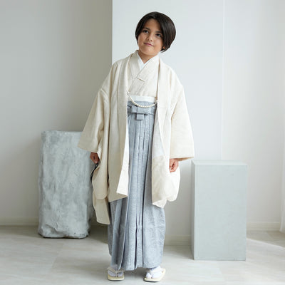 【レンタル】10歳 男の子 袴セット ジャガード・ペイズリー オフホワイト×くすみブルー 着物セット 羽織袴 小学生 1/2成人式 ハーフ成人式 138cm-150cm前後（1414600100）