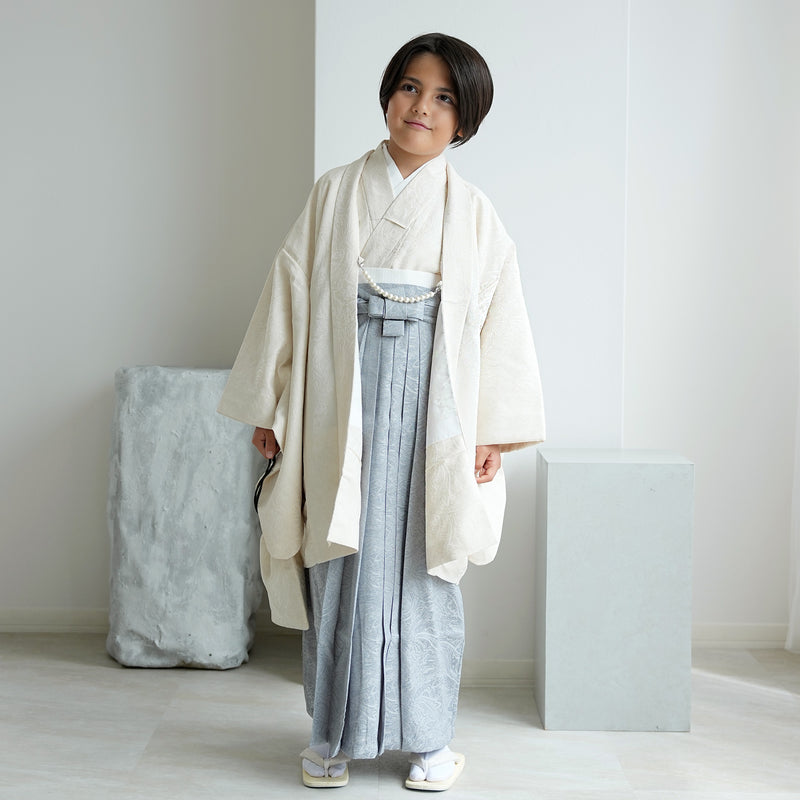 【レンタル】10歳 男の子 袴セット ジャガード・ペイズリー オフホワイト×くすみブルー 着物セット 羽織袴 小学生 1/2成人式 ハーフ成人式 138cm-150cm前後（1414600100）