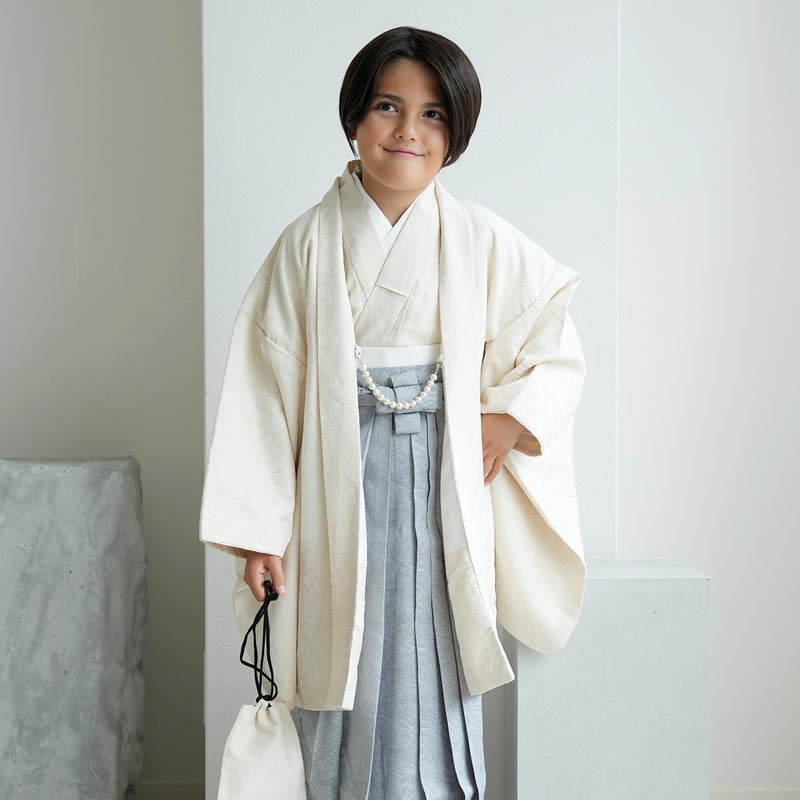 【レンタル】10歳 男の子 袴セット ジャガード・ペイズリー オフホワイト×くすみブルー 着物セット 羽織袴 小学生 1/2成人式 ハーフ成人式 138cm-150cm前後（1414600100）