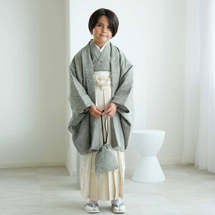 レンタル】10歳 男の子 袴セット ジャガード・ペイズリー くすみ