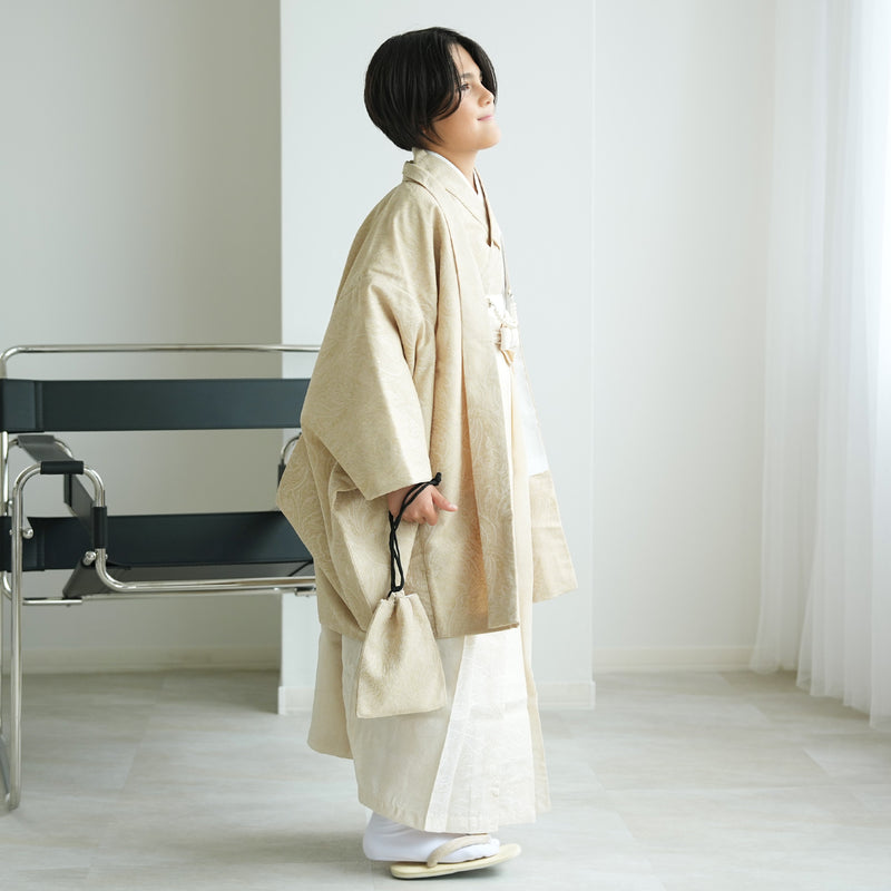 【レンタル】10歳 男の子 袴セット ジャガード・ペイズリー ベージュ×オフホワイト 着物セット 羽織袴 小学生 1/2成人式 ハーフ成人式 138cm-150cm前後（1414600300）