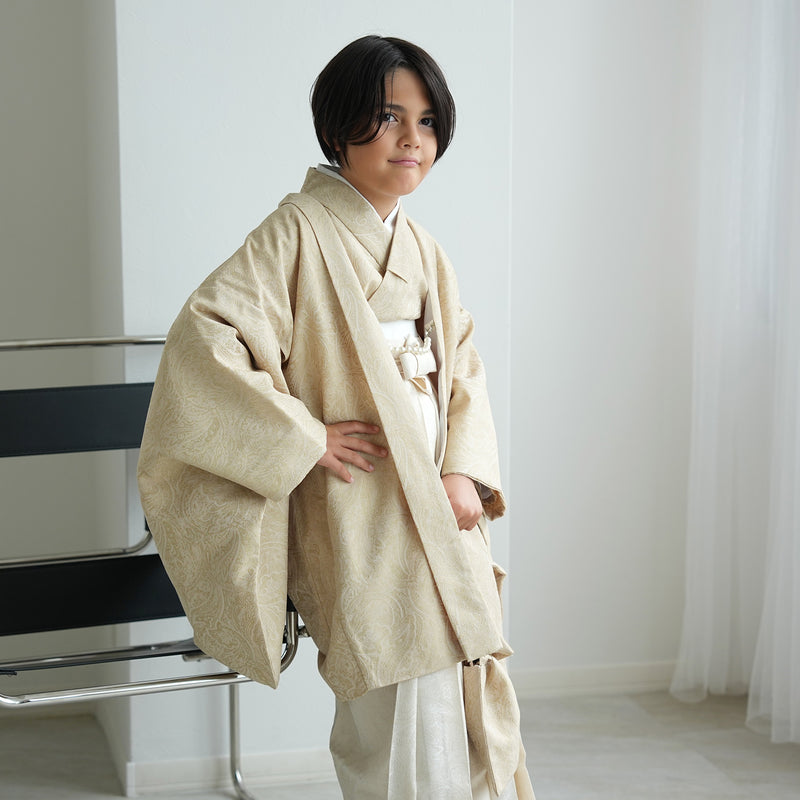 【レンタル】10歳 男の子 袴セット ジャガード・ペイズリー ベージュ×オフホワイト 着物セット 羽織袴 小学生 1/2成人式 ハーフ成人式 138cm-150cm前後（1414600300）