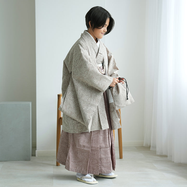 504bj10■ハーフ成人式 10歳 男児 着物&袴&角帯 シンプル■美品 レンタル】10歳 男の子 袴セット ジャガード・ペイズリー グレージュ