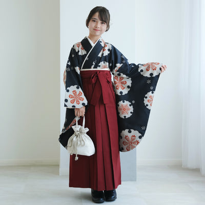 【レンタル】ジュニア 袴 15点セット 2尺袖着物 オレンジ 朱色 花 ゆきわ 小学生袴  袴83cm（身長138-145cm）卒業式（1420604301）