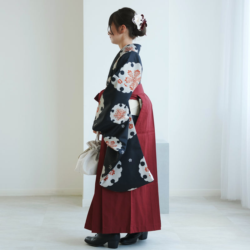 【レンタル】ジュニア 袴 15点セット 2尺袖着物 オレンジ 朱色 花 ゆきわ 小学生袴  袴83cm（身長138-145cm）卒業式（1420604301）