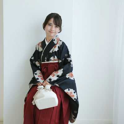 【レンタル】ジュニア 袴 15点セット 2尺袖着物 オレンジ 朱色 花 ゆきわ 小学生袴  袴83cm（身長138-145cm）卒業式（1420604301）