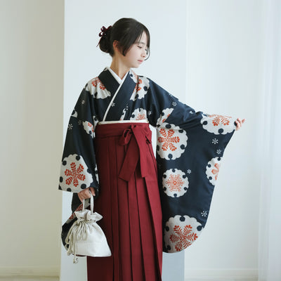 【レンタル】ジュニア 袴 15点セット 2尺袖着物 オレンジ 朱色 花 ゆきわ 小学生袴  袴83cm（身長138-145cm）卒業式（1420604301）