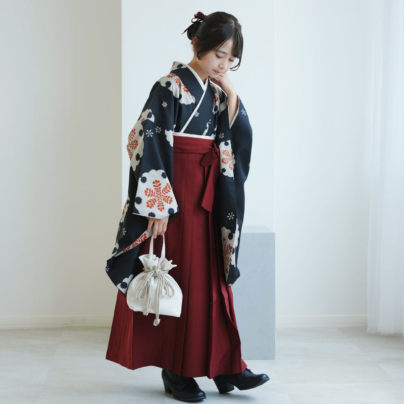 【レンタル】ジュニア 袴 15点セット 2尺袖着物 オレンジ 朱色 花 ゆきわ 小学生袴  袴83cm（身長138-145cm）卒業式（1420604301）