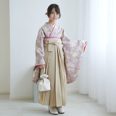 【レンタル】ジュニア 袴 15点セット 2尺袖着物 椿  バラ ニュアンスカラー 小学生袴  袴83cm（身長138-145cm）袴87cm（身長145-152cm）卒業式 ひよこ商店（1420672502）