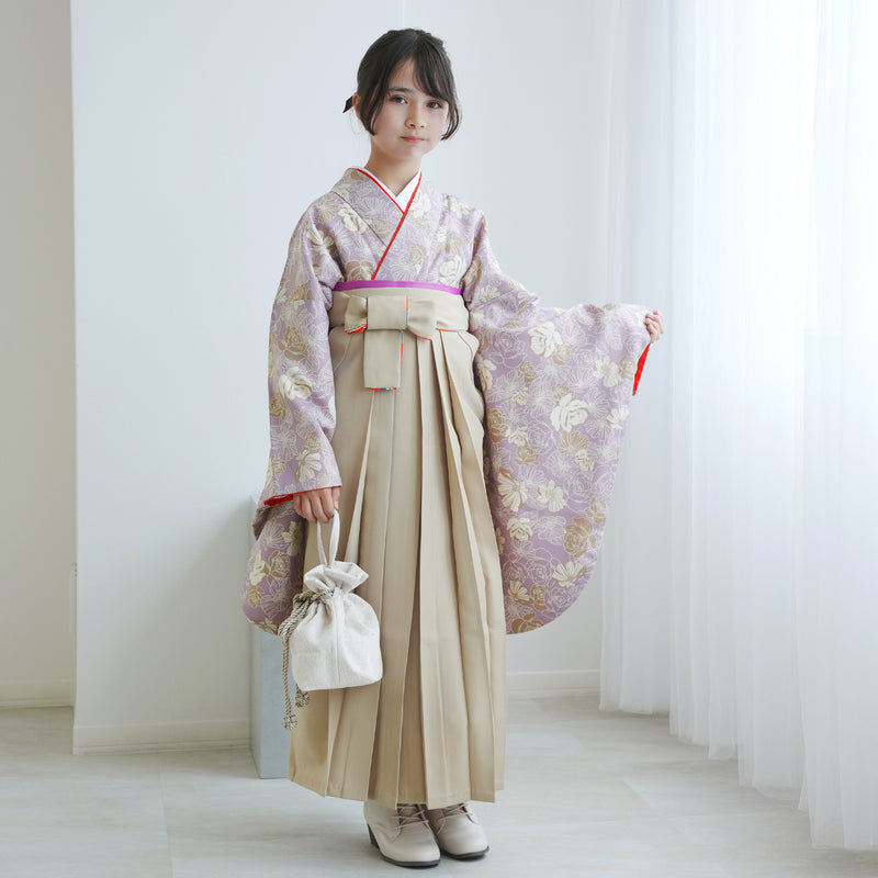 【レンタル】ジュニア 袴 15点セット 2尺袖着物 椿  バラ ニュアンスカラー 小学生袴  袴83cm（身長138-145cm）袴87cm（身長145-152cm）卒業式 ひよこ商店（1420672502）