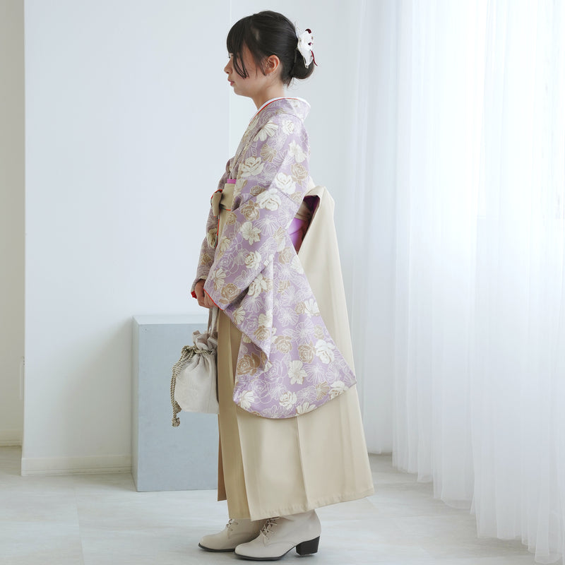 【レンタル】ジュニア 袴 15点セット 2尺袖着物 椿  バラ ニュアンスカラー 小学生袴  袴83cm（身長138-145cm）袴87cm（身長145-152cm）卒業式 ひよこ商店（1420672502）