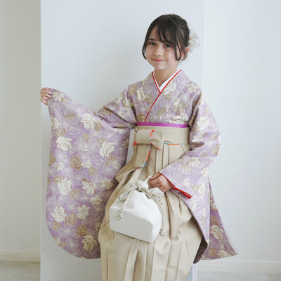 【レンタル】ジュニア 袴 15点セット 2尺袖着物 椿  バラ ニュアンスカラー 小学生袴  袴83cm（身長138-145cm）袴87cm（身長145-152cm）卒業式 ひよこ商店（1420672502）
