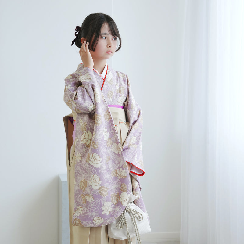 【レンタル】ジュニア 袴 15点セット 2尺袖着物 椿  バラ ニュアンスカラー 小学生袴  袴83cm（身長138-145cm）袴87cm（身長145-152cm）卒業式 ひよこ商店（1420672502）
