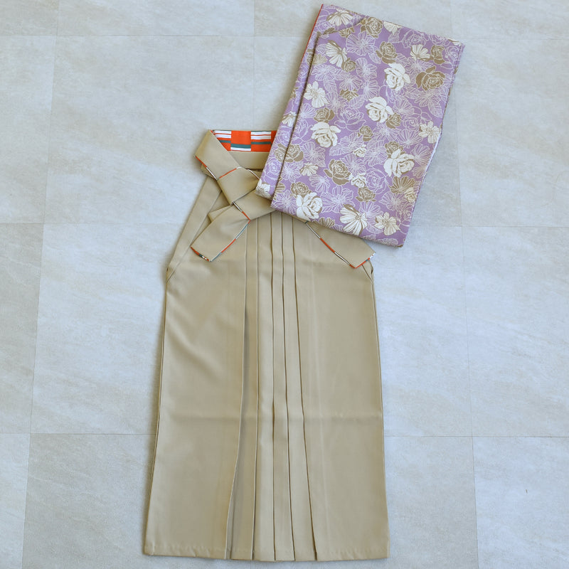 【レンタル】ジュニア 袴 15点セット 2尺袖着物 椿  バラ ニュアンスカラー 小学生袴  袴83cm（身長138-145cm）袴87cm（身長145-152cm）卒業式 ひよこ商店（1420672502）