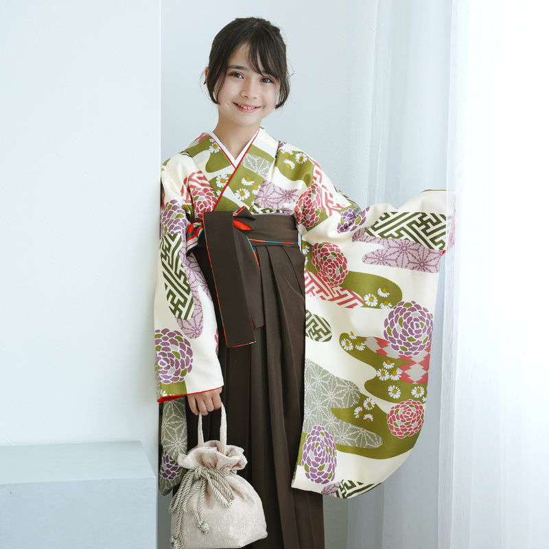 【レンタル】ジュニア 袴 15点セット 2尺袖着物 丸菊 ニュアンスカラー 小学生袴  袴83cm（身長138-145cm）袴87cm（身長145-152cm）卒業式 ひよこ商店（1420672602）