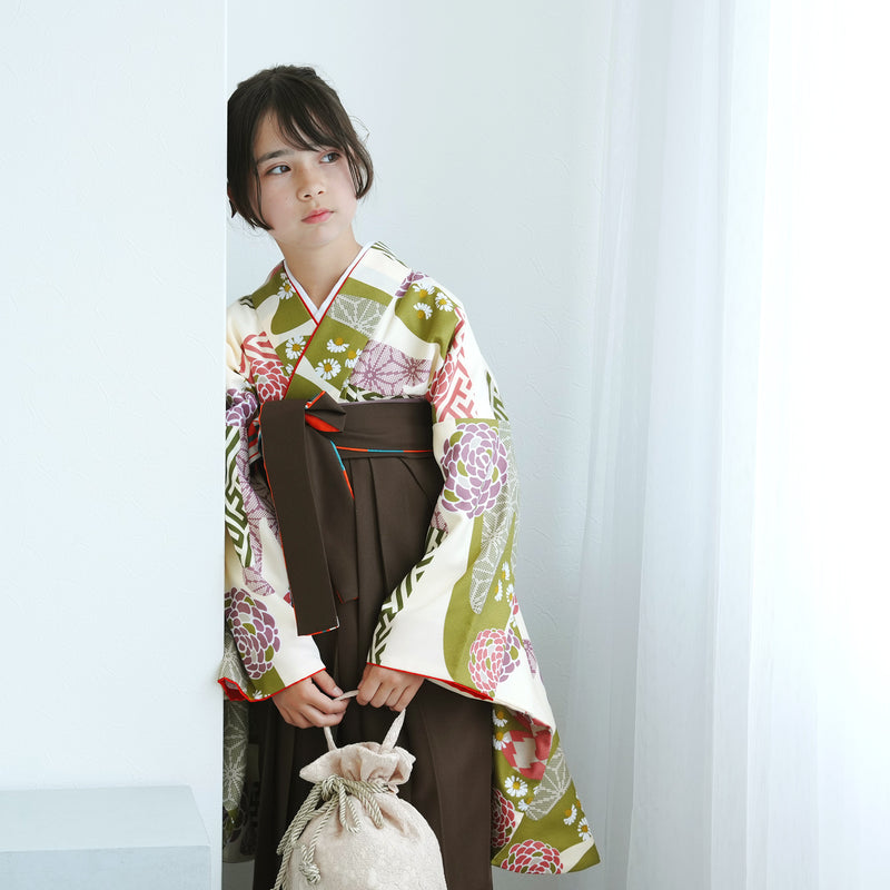 【レンタル】ジュニア 袴 15点セット 2尺袖着物 丸菊 ニュアンスカラー 小学生袴  袴83cm（身長138-145cm）袴87cm（身長145-152cm）卒業式 ひよこ商店（1420672602）