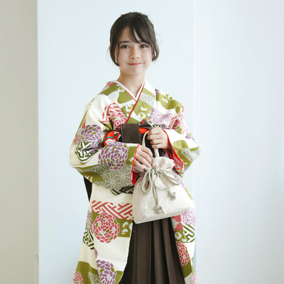 【レンタル】ジュニア 袴 15点セット 2尺袖着物 丸菊 ニュアンスカラー 小学生袴  袴83cm（身長138-145cm）袴87cm（身長145-152cm）卒業式 ひよこ商店（1420672602）