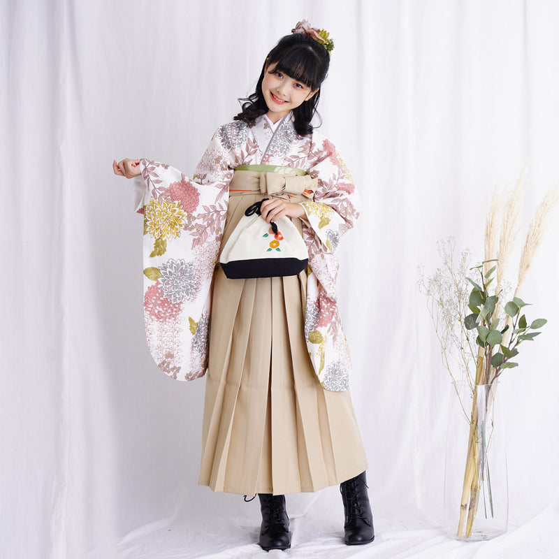 【レンタル】ひよこ商店 2尺袖 袴 15点セット 袴83cm（身長138-145cm）袴87cm（身長145-152cm） レトロモダン系 菊 アイボリー系（1420673202）