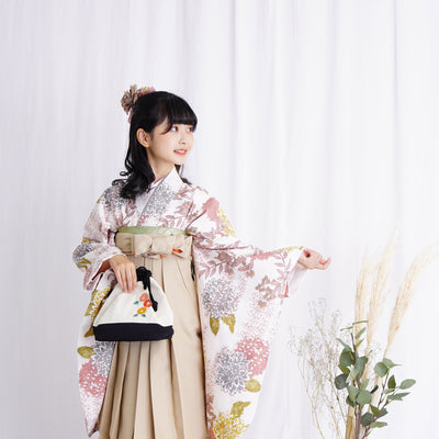 【レンタル】ひよこ商店 2尺袖 袴 15点セット 袴83cm（身長138-145cm）袴87cm（身長145-152cm） レトロモダン系 菊 アイボリー系（1420673202）