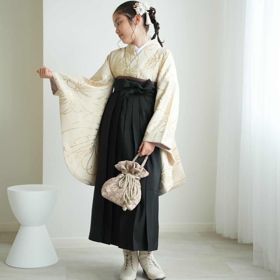 レンタル】ジュニア 袴 15点セット ベージュ金彩・糸菊 小学生袴