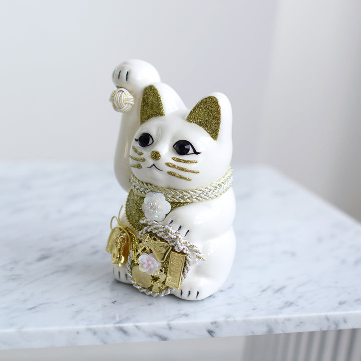 ニコアンティーク×ご縁猫 招き猫 成金次郎】4号 白 右手 日本製