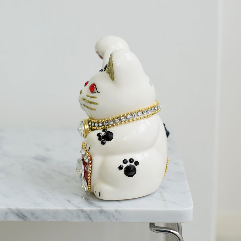 【ニコアンティーク×ご縁猫 招き猫 ねこ球助 手ぬぐい 2点セット】4号 白 右手上げ 日本製 注染 手染め 手拭い ハンドメイド 陶器 置物　プレゼントにも （2499648000）