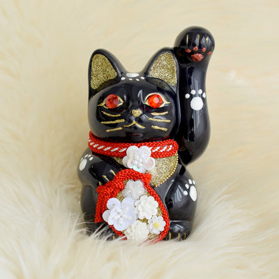 【ニコアンティーク×ご縁猫 招き猫 ねこ球子 手ぬぐい 2点セット】4号 黒 左手上げ 日本製 注染 手染め 手拭い ハンドメイド 陶器 置物　プレゼントにも （2499648200）